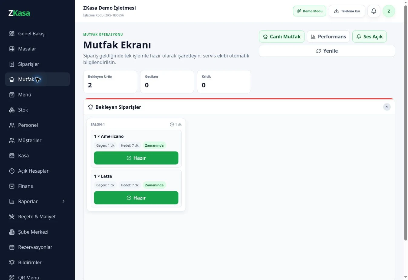 ZKasa mutfak sipariş ekranı